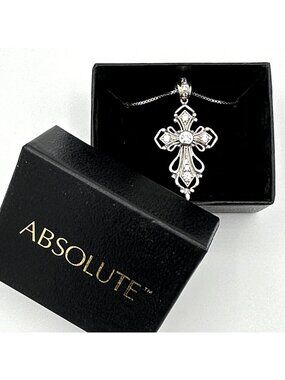 CZ cross necklace - NEW sterling silver Absolute ornate pendant 18" box chain 6g